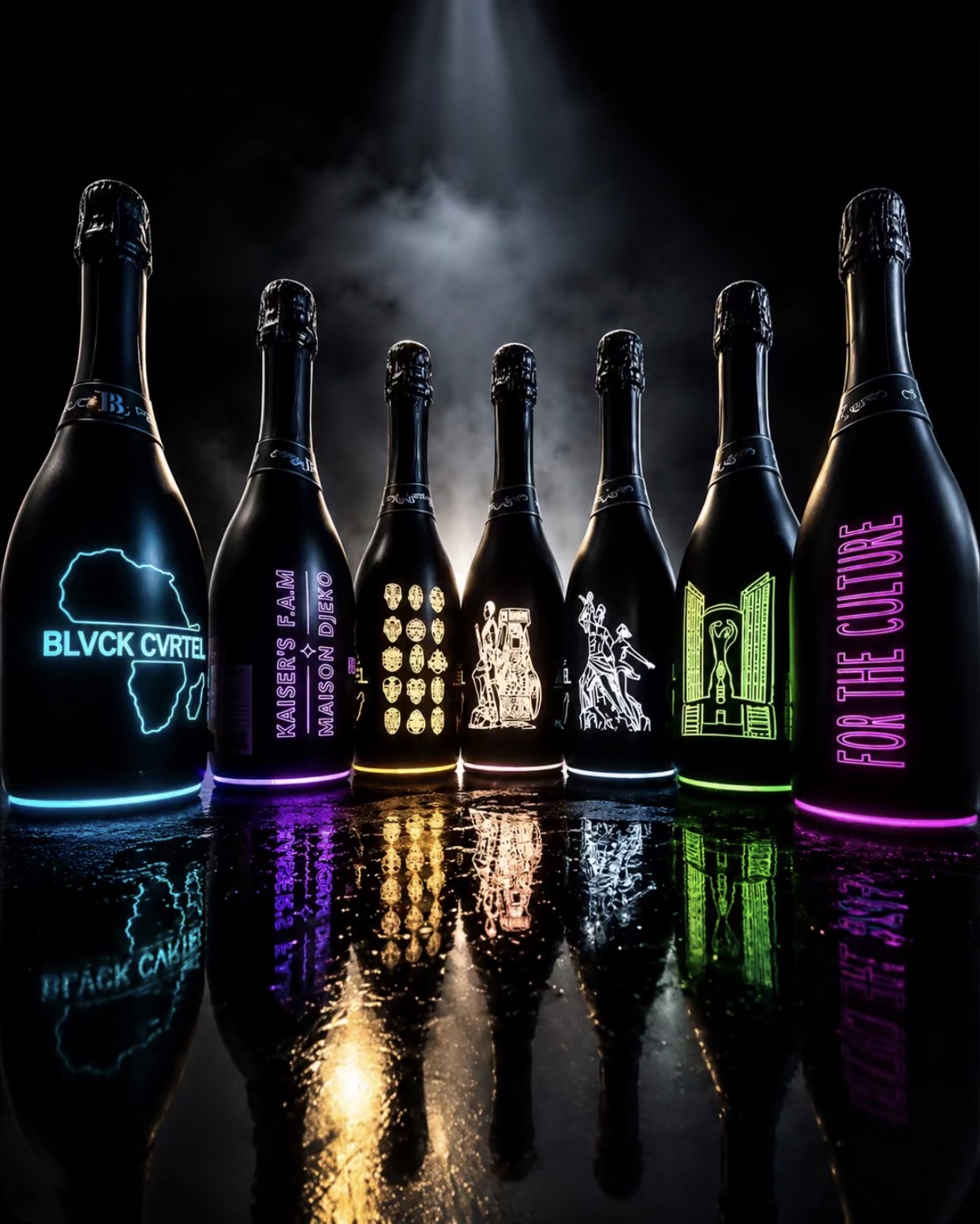 Collection de bouteilles BLVCK CVRTEL lumineuses aux designs africains
